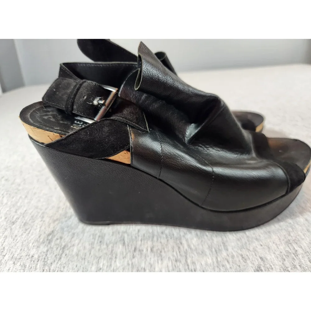 Eileen Fisher Wedge Sandals Womens 8 Black Leather Ruched Platform Slingback